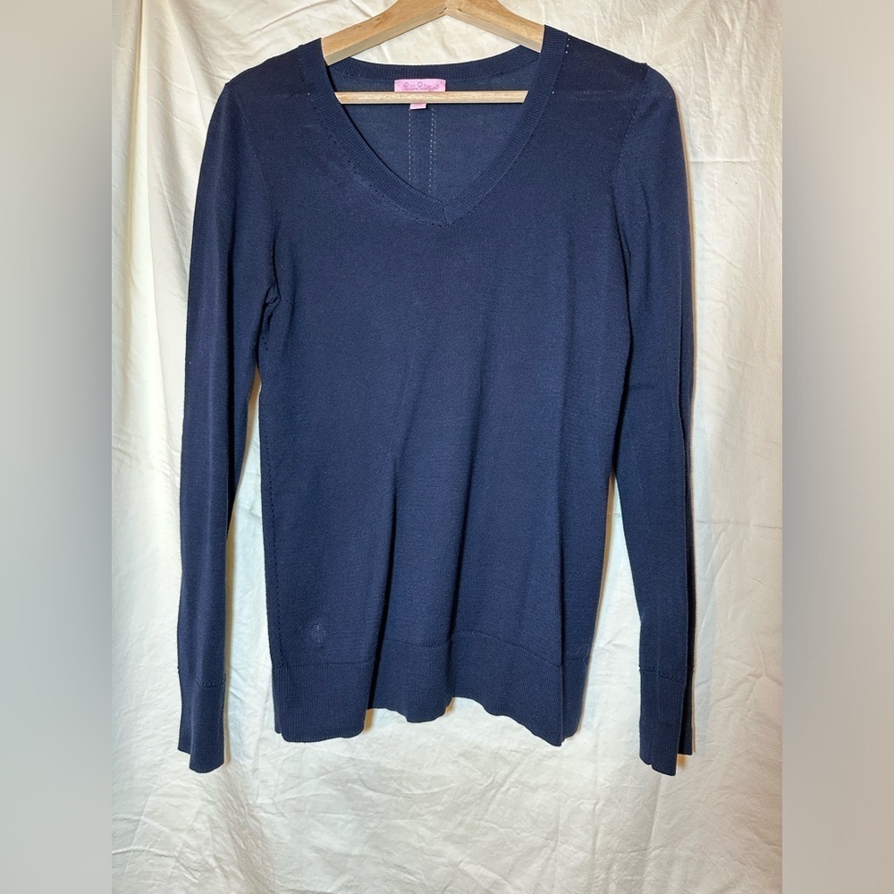 Lilly Pulitzer Navy Blue Lightweight 100% cotton sweater Sz M Long Sleeve Beach